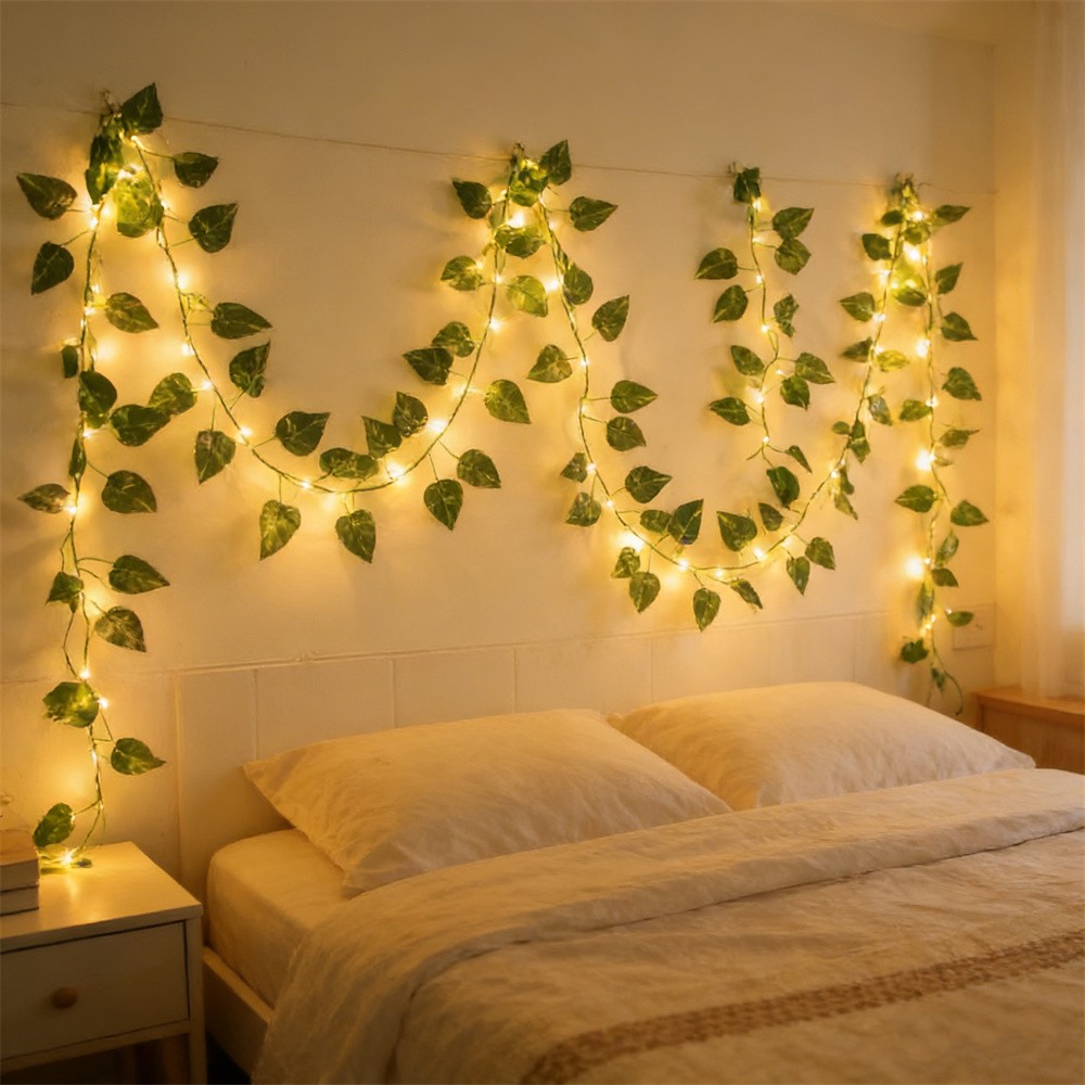 Outdoor Power For Wedding - LEDグリーンラタンリーフフェアリーライトストリング電池式屋外ガーデンウェディングラマダンホームルームデコレーションホリデーガーランドランプ