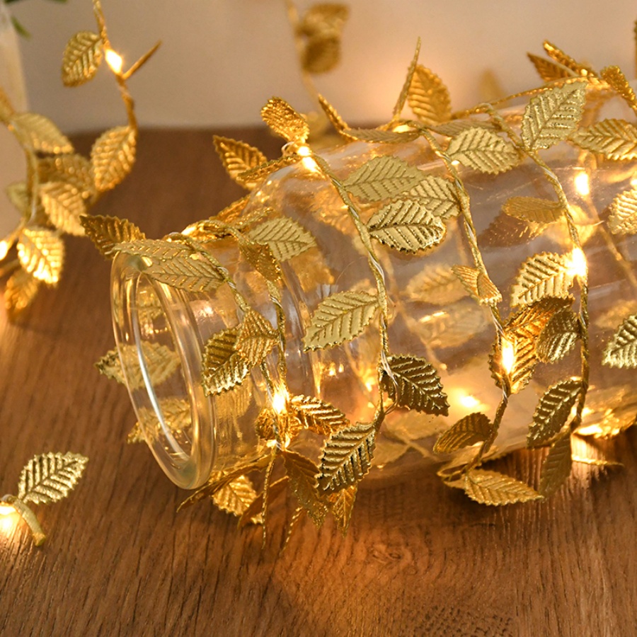 Outdoor Power For Wedding - ゴールデンリーフラタン銅線ストリングフェアリーライト電池式、クリスマス結婚式誕生日バルコニー屋内屋外パーティーデコレーション