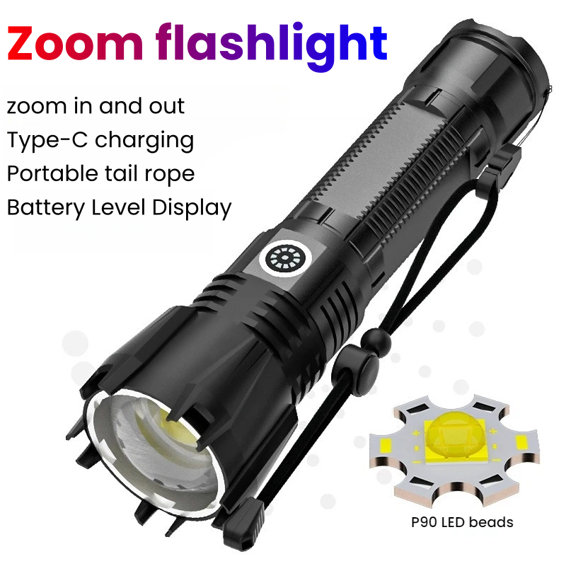 Outdoor Power Meter - 高出力 P90 LED 懐中電灯 TYPE-C 充電式ズームスポットライト防水トーチ、アウトドアキャンプや狩猟用