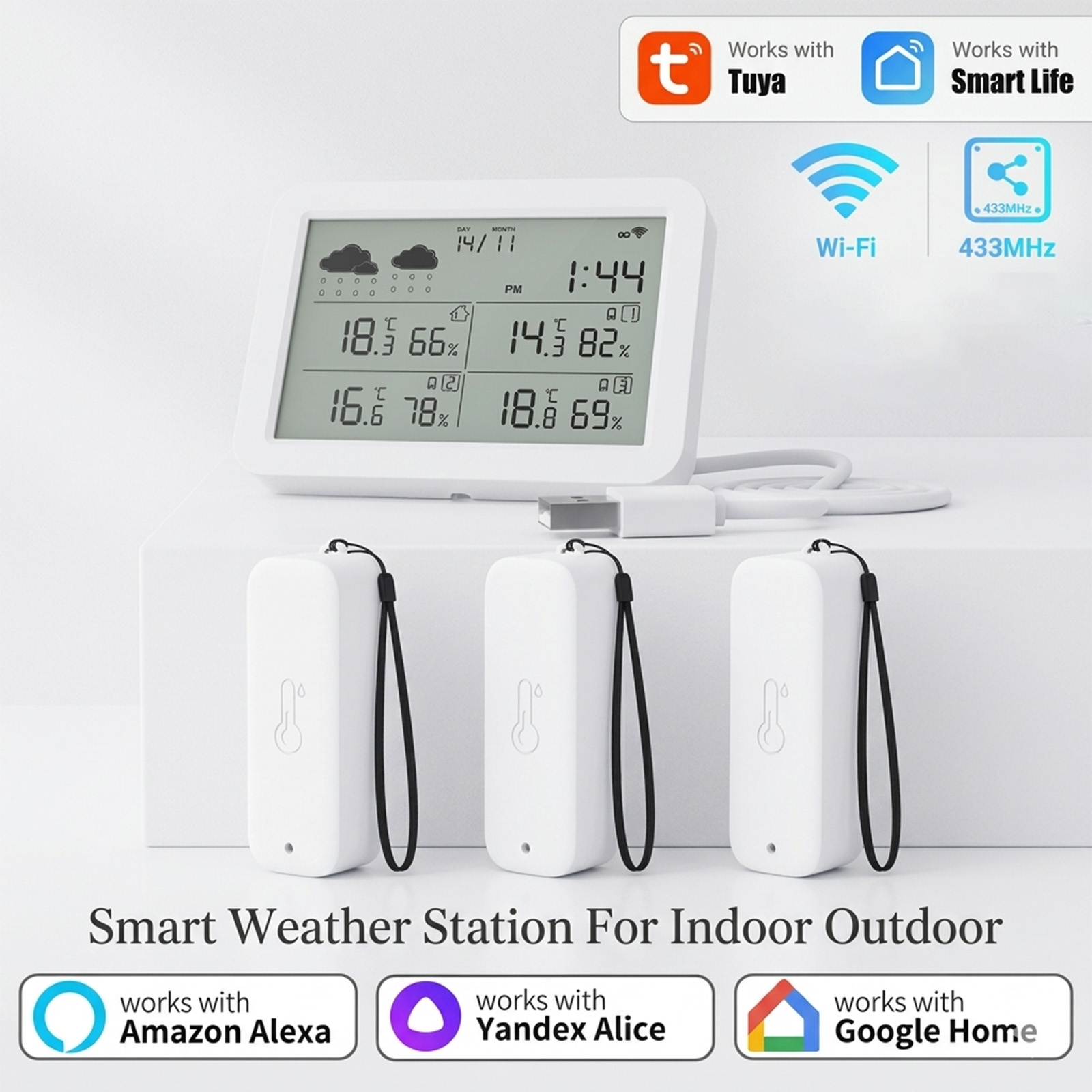 Outdoor Power Meter - Tuya WiFi+RF433 ウェザーステーション、スマートホーム屋内屋外用、温度湿度センサー（時計付き）、IP65防水