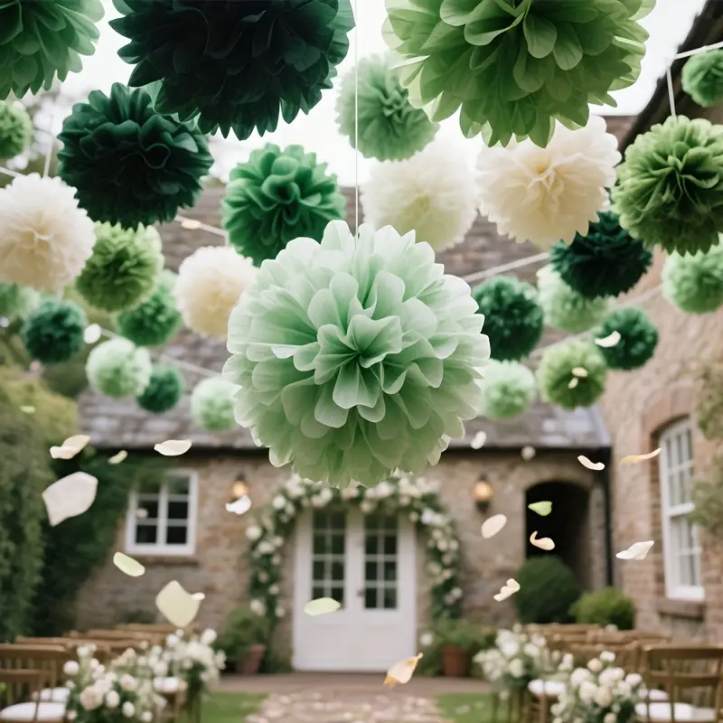 Outdoor Power For Wedding - ボヘミアンスタイルのグリーンセージペーパーフラワーボール30個、蝶の装飾付き - 結婚式、誕生日パーティー、卒業式、ハロウィーン、クリスマス用のDIY吊り下げ装飾 - 屋内および屋外のパーティーデコレーション、電源不要